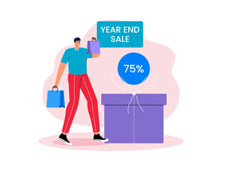 End of year celebration party vector illustration. Year end vector illustration. Men shopping at the end of year