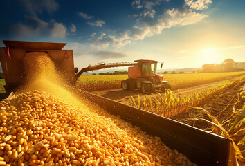 harvester pouring freshly harvested corn maize seeds or soybeans into a container trailer - obrazy, fototapety, plakaty
