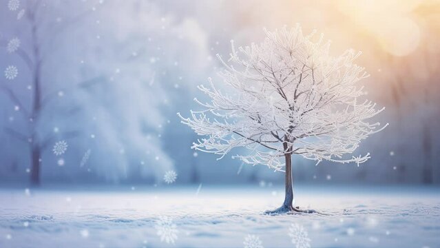 In the midst of winter's icy grip, a solitary tree, covered in frost and draped in snow, serves as a vigilant guardian in a hazy forest while snowflakes gracefully twirl nearby