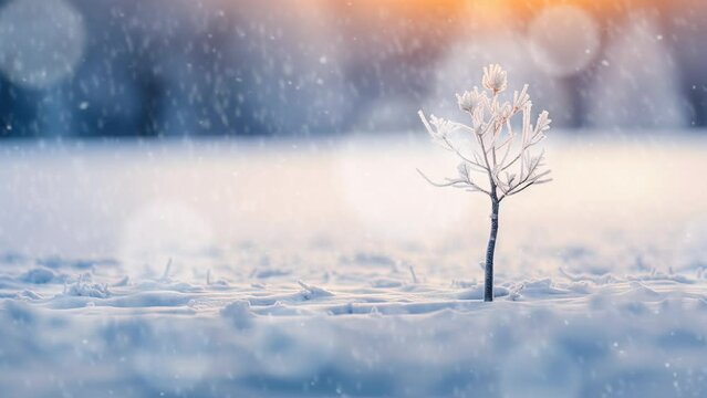 A lone tree, covered in frost and kissed by snow, stands strong in a dreamy winter landscape, with snowflakes gracefully swirling in the enchanting background