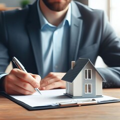 Real estate agent working sign agreement document contract for house insurance approving purchases for a client with house model and key on the table. Generative AI 