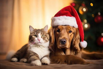 Cat and dog wearing Christmas hat