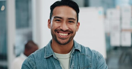 Smile, professional and business with man in meeting for planning, project management and strategy. Leader, creative and support with portrait of employee in office for startup, branding and coaching