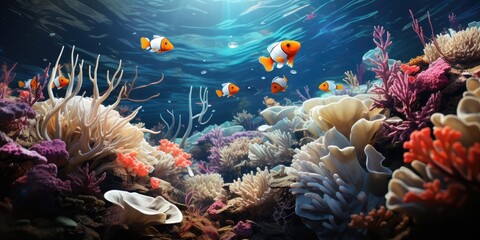 some clown fish beings in the sea among anemones, generative AI - obrazy, fototapety, plakaty