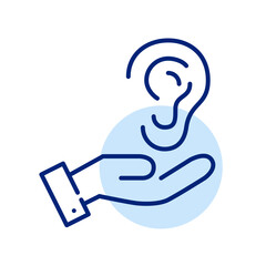 Hand holding an ear. Hearing aid and speech recognition apps. Pixel perfect, editable stroke icon