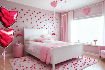 Interior of bedroom decorated for Valentine's Day with roses, hearts and balloons. Pink bedroom with pillows