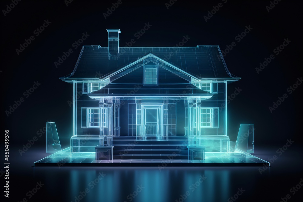 Wall mural 3d rendered hologram projection of a house for architecture design technology in future