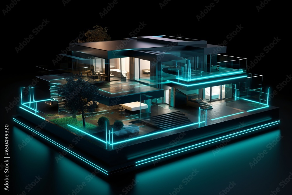 Poster 3d rendered hologram projection of a house for architecture design technology in future