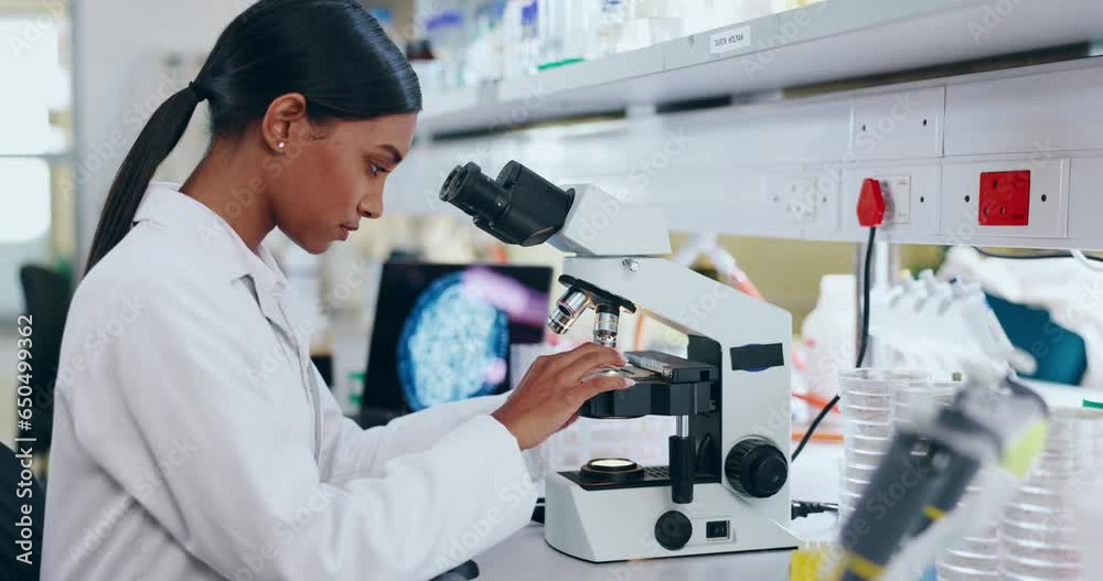 Sticker Science, microscope and a student woman in a laboratory for research, innovation or medical breakthrough. Medicine, pharmaceuticals and sample study with a girl scientist working in a biology lab