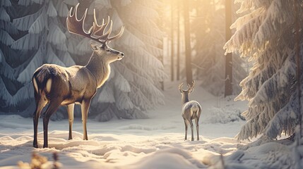 Santa Claus is near his reindeer in the snowy forest