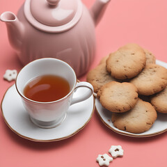 taza de té junto a un plato con galletas y una tetera 