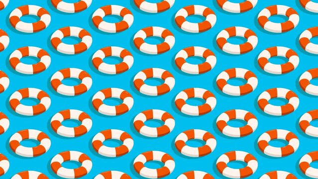 Animated seamless pattern with red white life buoy on blue sea waves. Design element. Looped video background