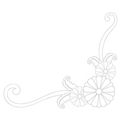 black flower line corner on white background For decorating edges, decorating paper corners.