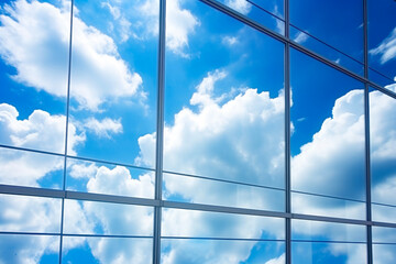 Close up of clouds and buildings reflected in glass modern office buildings. Environmental concept of building and business.