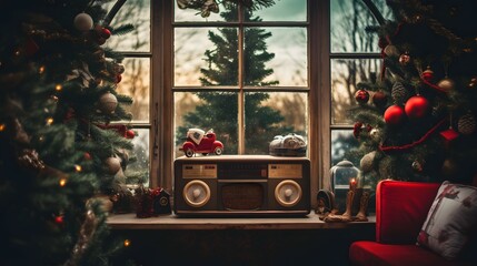 christmas music playing on a radio - obrazy, fototapety, plakaty