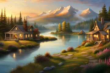 Wall murals Beige landscape with lake