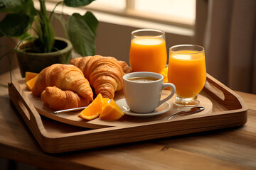 Breakfast tray with orange juice, croissants on wooden tray.