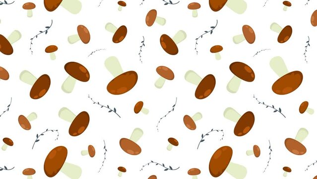 Animated seamless pattern with edible mushrooms and spicy twigs. Design element. Looped video background