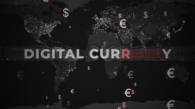 Digital currency text and money symbols on a world map background - 3D render