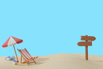 3D beach scene with wooden signboard, 3D rendering beach and wooden direction sign post concept.