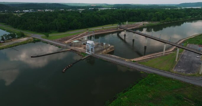 North Little Rock Hydro Plant Near Cook's Landing Park And Murray Bridge In North Little Rock, Arkansas. aerial tilt-down
