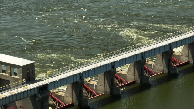 Telephoto aerial view of Lock and Dam in Alma, Wisconsin, sideways, day