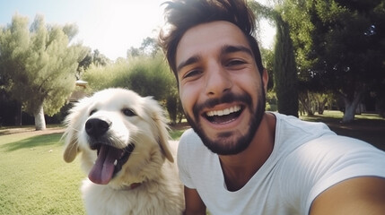 Young happy man taking selfie with his dog in a park - Smiling guy and puppy having fun together...