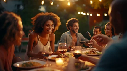 Foto op Aluminium People clinking red wine glasses on rooftop dinner party - Happy friends eating meat and drinking wineglass at restaurant patio - Food and beverage lifestyle concept with guys and girls dining outdoor © lahiru