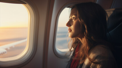  Asian woman sitting in a seat in airplane and looking out the window going on a trip vacation travel concept  - obrazy, fototapety, plakaty