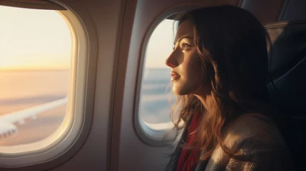 Foto op Canvas  Asian woman sitting in a seat in airplane and looking out the window going on a trip vacation travel concept  © lahiru