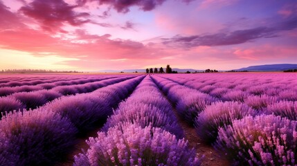 Obraz premium A picturesque field painted in vibrant purple hues, where the intoxicating fragrance of lavender flowers fills the air