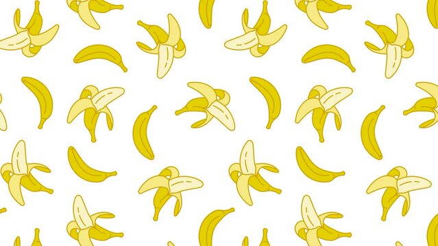 Animated seamless pattern with peeled sweet ripe bananas. Harvesting tropical fruits. Design element. Looped video background