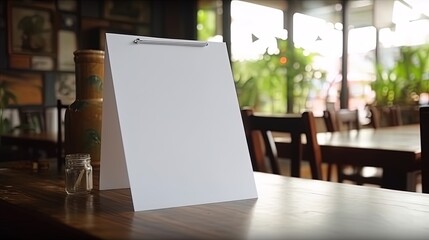 Menu Mock up blank for text marketing promotion. Mock up Menu frame standing on wood table in restaurant space for text.