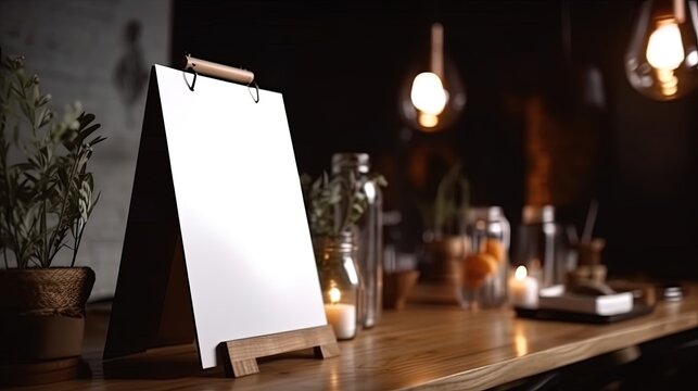 Menu&nbsp;Mock up blank for text marketing promotion. Mock up Menu frame standing on wood table in restaurant space for text.