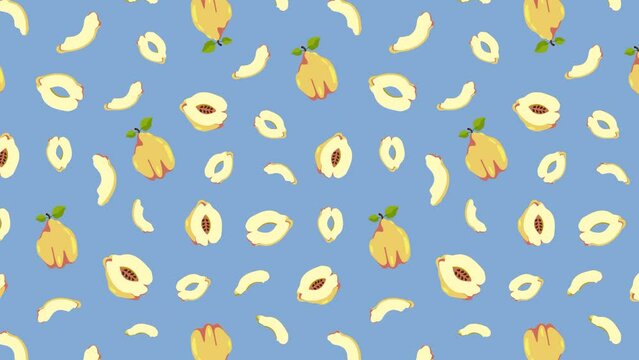 Animated seamless pattern with Quince fruit whole and cut in half. Exotic fruit. Design element. Looped video background