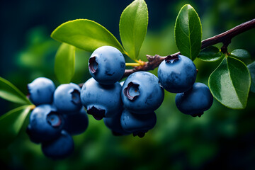 Close up fresh and ripe organic Blueberries plant growing in a garden. bright blueberries with green leaves hanging on the branch