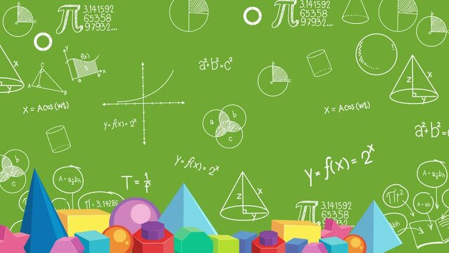 Mathematics logo displayed on a blackboard border surrounded by math formulas and geometry blocks.