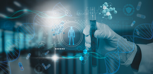 Futuristic laboratory, doctor or scientist holding glass tube, molecular and DNA structure, genetic...