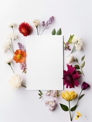 Vertical top view blank card with flowers Abstract organic flowers Blooming floral on white background for invitation card