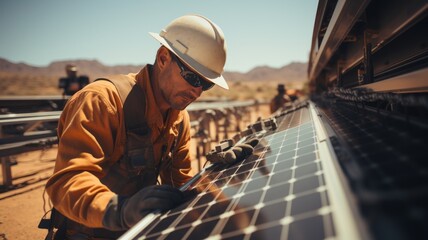 engineers installing solar panels in the desert, high temperatures, working in the sun - obrazy, fototapety, plakaty