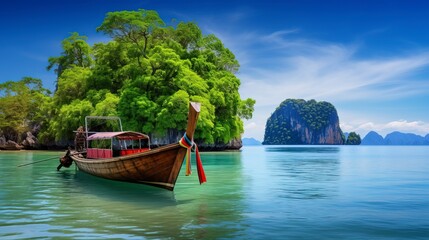 A serene scene of a small boat anchored near a picturesque tropical island in Thailand, with lush greenery and clear blue waters