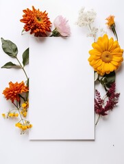 Vertical top view blank card with flowers Abstract organic flowers Blooming floral on white background for invitation card
