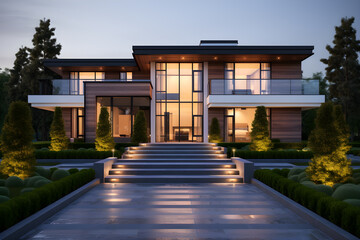 Luxurious new construction home. Dream Home, Luxury House. Beautiful Modern Home Exterior - obrazy, fototapety, plakaty