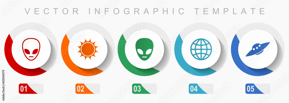 Leinwandbilder Alien icon set, miscellaneous icons such as star, ufo, space ship and globe, flat design vector infographic template, web buttons in 5 color options