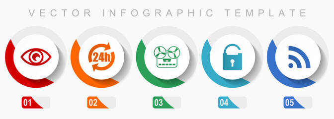 Media icon set, miscellaneous icons such as eye, 24h, music recorder, padlock and signal, flat design vector infographic template, web buttons in 5 color options