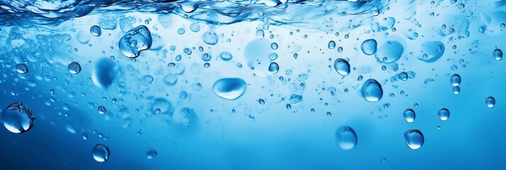 A defocused blue liquid with colored clear water surface texture, featuring splashes and bubbles, with ample copy space