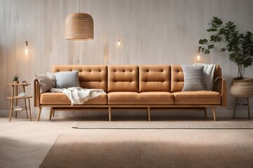 a sofa with Scandinavian-style wooden armrests and armrest trays