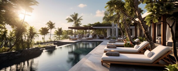 A serene poolside view at a luxurious Bali villa with a relaxing terrace adorned with comfortable sofas and sun loungers - obrazy, fototapety, plakaty
