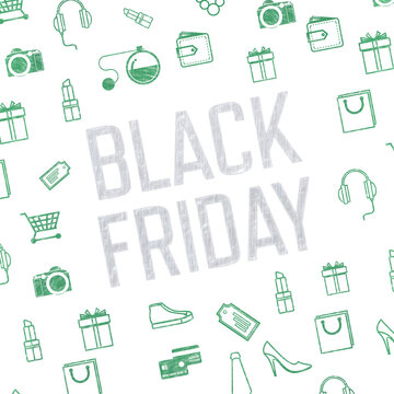Digital png illustration of black friday text with icons on transparent background