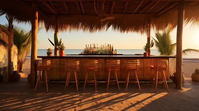 A hyperpop minimalism scene featuring a tiki hut bar during the golden hour